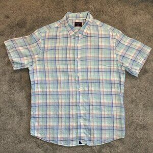 Untuckit 100% Linen Shirt Mens Large Blue Multi Plaid Stretch Lewis Short Sleeve